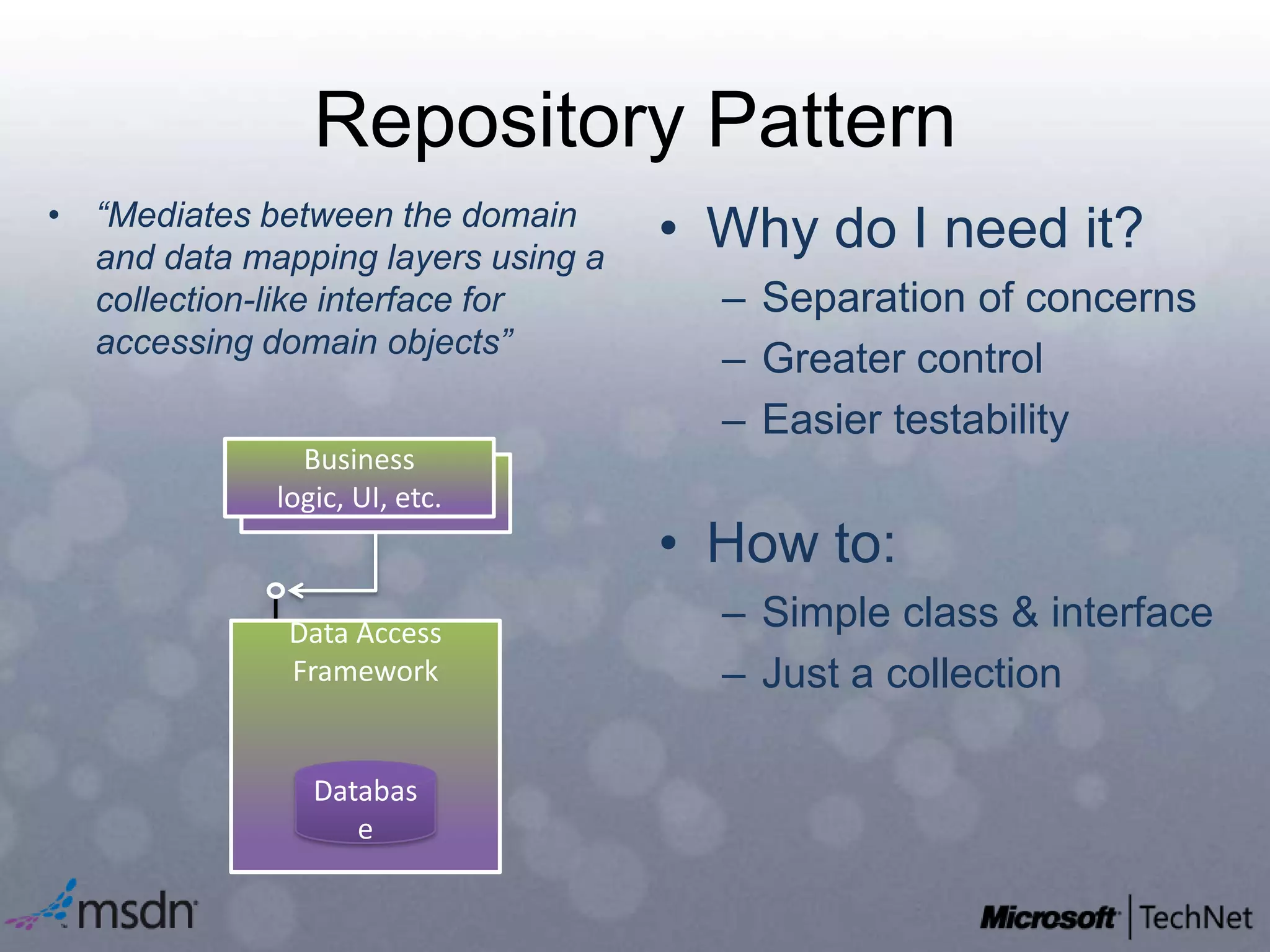 Repository Pattern“Mediates between the domain and data mapping layers using a collection-like interface for accessing domain objects”Why do I need it?Separation of concernsGreater control Easier testabilityHowto:Simple class & interfaceJust a collectionBusiness logic, UI, etc.Data Access FrameworkDatabase