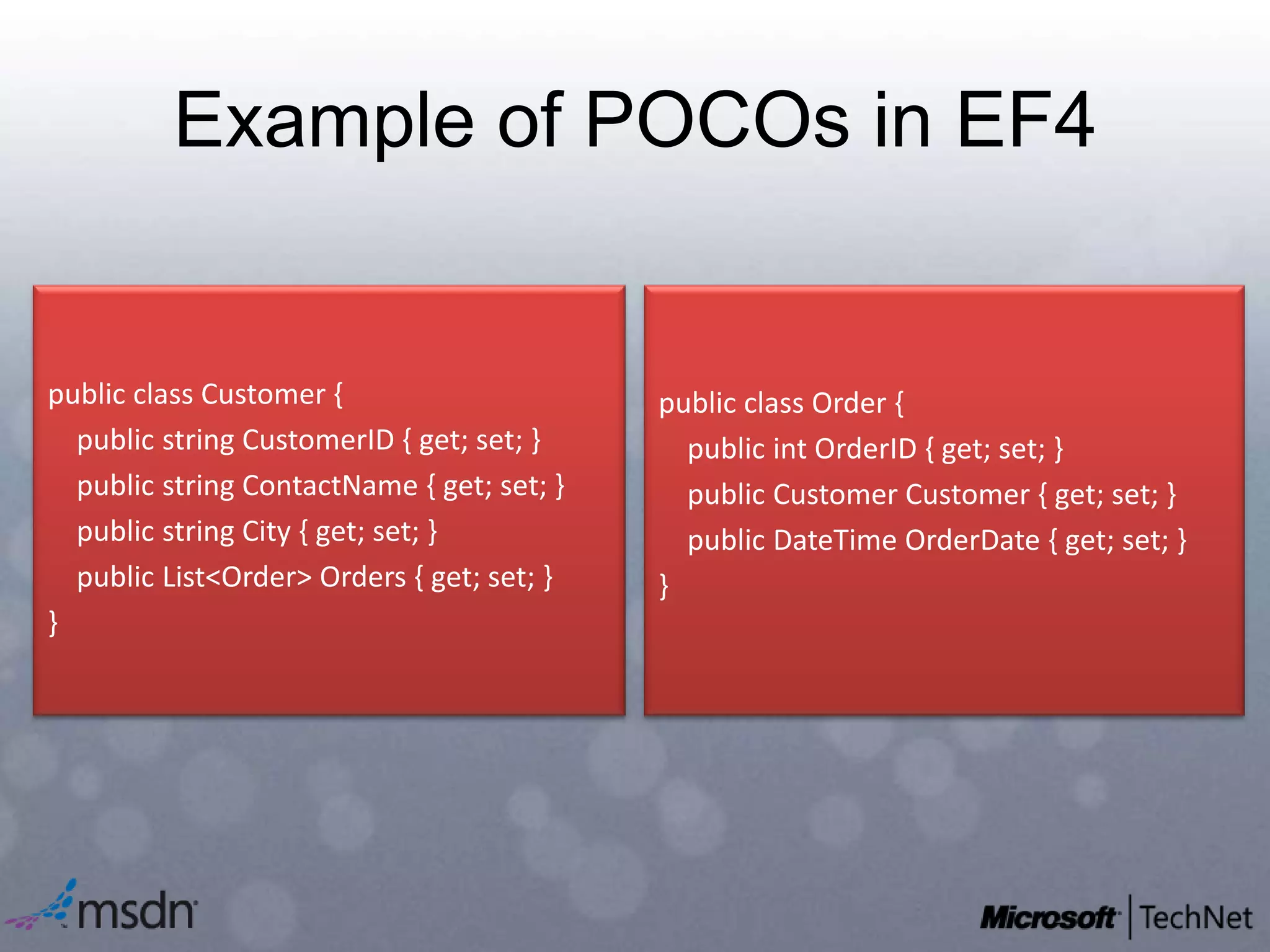 Example of POCOs in EF4public class Order {   public intOrderID { get; set; }   public Customer Customer { get; set; }   public DateTimeOrderDate { get; set; }}public class Customer {   public string CustomerID { get; set; }   public string ContactName { get; set; }   public string City { get; set; }   public List<Order> Orders { get; set; }}
