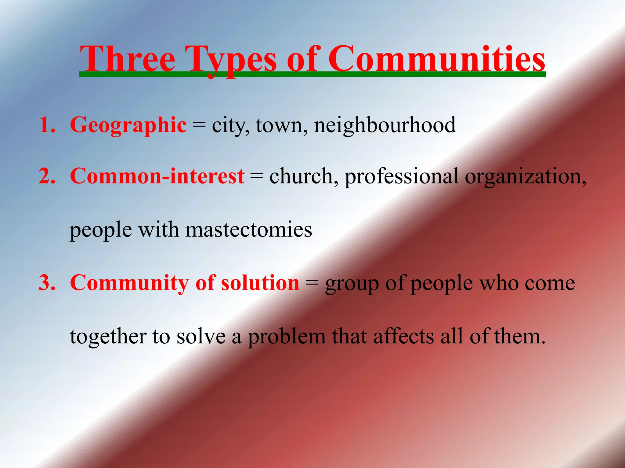 Three Types of Communities
1. Geographic = city, town, neighbourhood
2. Common-interest = church, professional organization,
people with mastectomies
3. Community of solution = group of people who come
together to solve a problem that affects all of them.
 