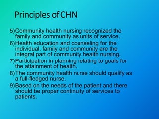 Principles ofCHN
5)Community health nursing recognized the
family and community as units of service.
6)Health education and counseling for the
individual, family and community are the
integral part of community health nursing.
7)Participation in planning relating to goals for
the attainment of health.
8)The community health nurse should qualify as
a full-fledged nurse.
9)Based on the needs of the patient and there
should be proper continuity of services to
patients.
 