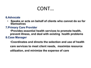 CONT…
6.Advocate
• Speaks or acts on behalf of clients who cannot do so for
themselves
7.Primary Care Provider
•Provides essential health services to promote health,
prevent illness, and deal with existing health problems
8.Case Manager
•Coordinates and directs the selection and use of health
care services to meet client needs, maximize resource
utilization, and minimize the expense of care
 