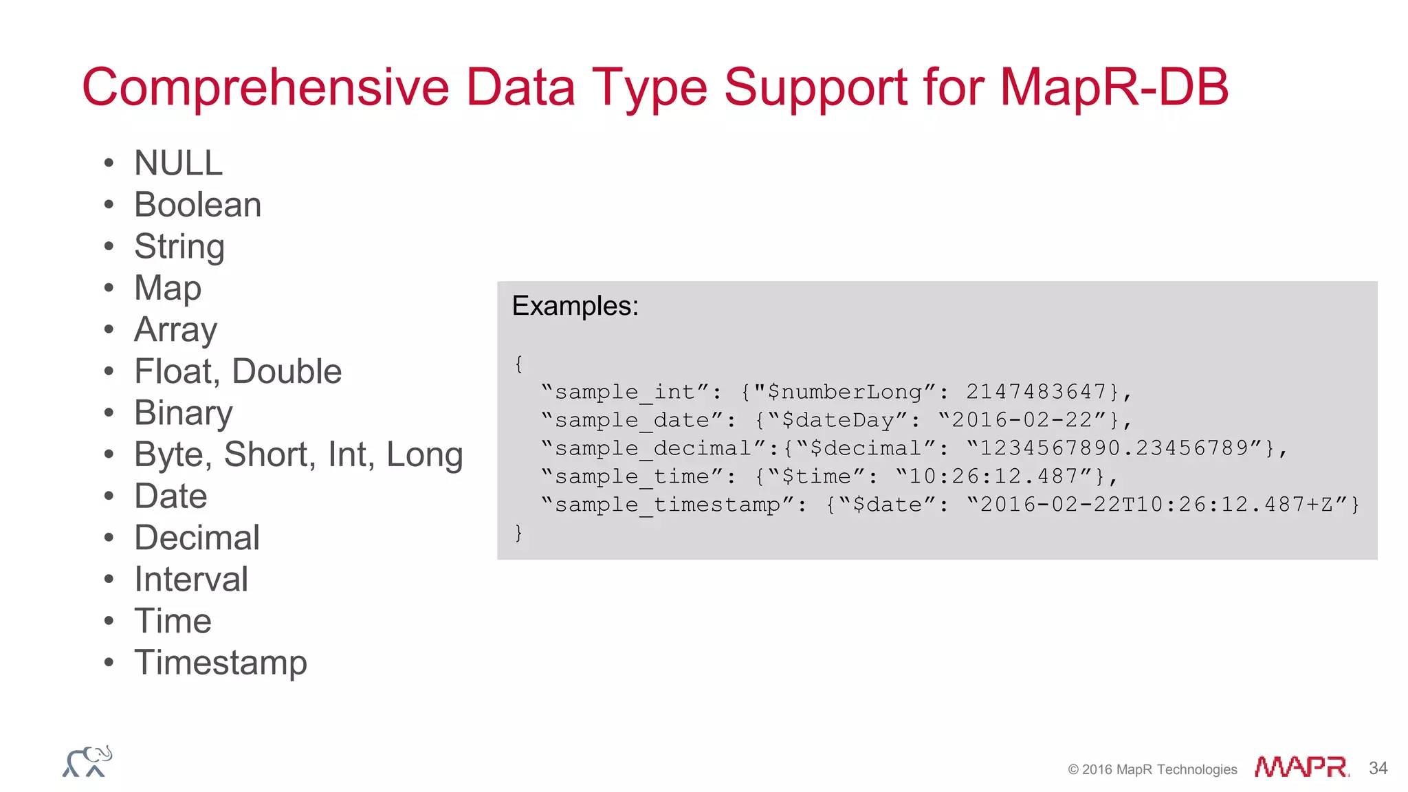 © 2016 MapR Technologies 34
Comprehensive Data Type Support for MapR-DB
• NULL
• Boolean
• String
• Map
• Array
• Float, Double
• Binary
• Byte, Short, Int, Long
• Date
• Decimal
• Interval
• Time
• Timestamp
Examples:
{
“sample_int”: {"$numberLong”: 2147483647},
“sample_date”: {“$dateDay”: “2016-02-22”},
“sample_decimal”:{“$decimal”: “1234567890.23456789”},
“sample_time”: {“$time”: “10:26:12.487”},
“sample_timestamp”: {“$date”: “2016-02-22T10:26:12.487+Z”}
}
 