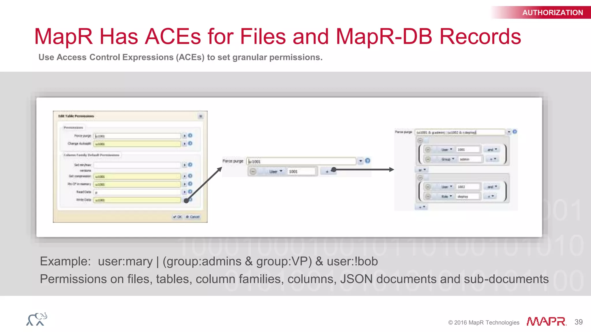 © 2016 MapR Technologies 39
MapR Has ACEs for Files and MapR-DB Records
Example: user:mary | (group:admins & group:VP) & user:!bob
Permissions on files, tables, column families, columns, JSON documents and sub-documents
Use Access Control Expressions (ACEs) to set granular permissions.
AUTHORIZATION
 