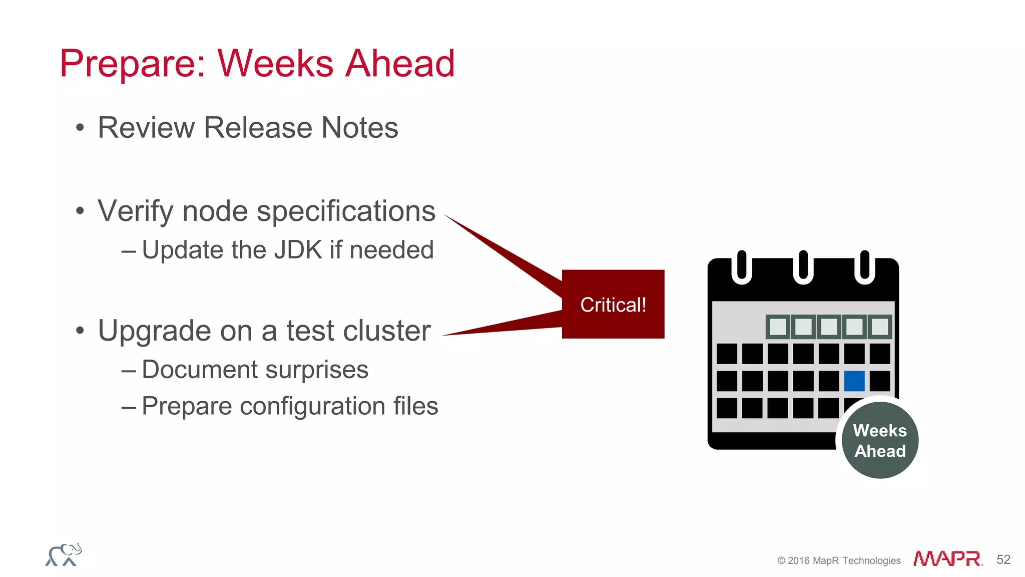 © 2016 MapR Technologies 52
Prepare: Weeks Ahead
• Review Release Notes
• Verify node specifications
– Update the JDK if needed
• Upgrade on a test cluster
– Document surprises
– Prepare configuration files
Weeks
Ahead
Critical!Critical!
 