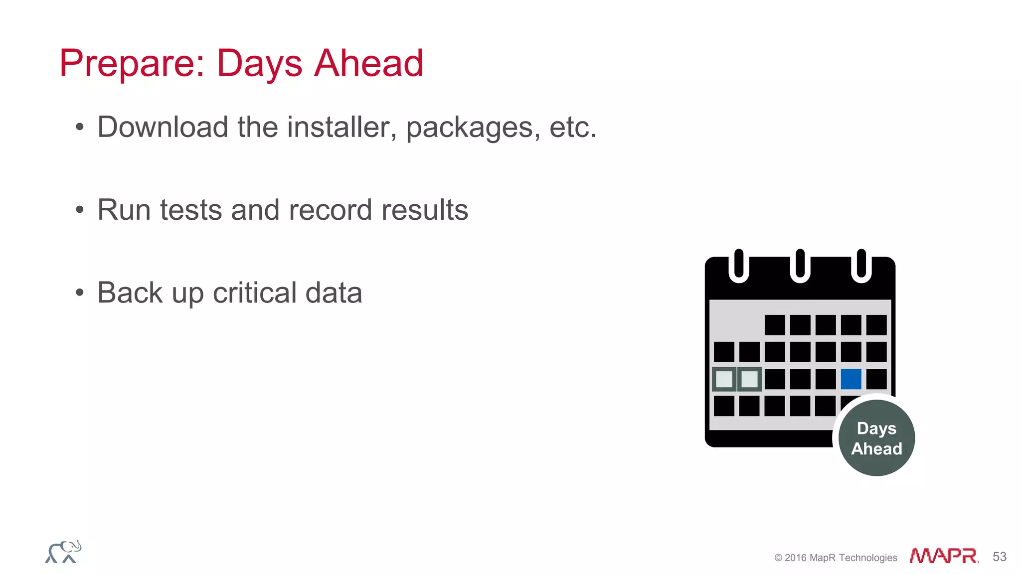 © 2016 MapR Technologies 53
Prepare: Days Ahead
• Download the installer, packages, etc.
• Run tests and record results
• Back up critical data
Days
Ahead
 