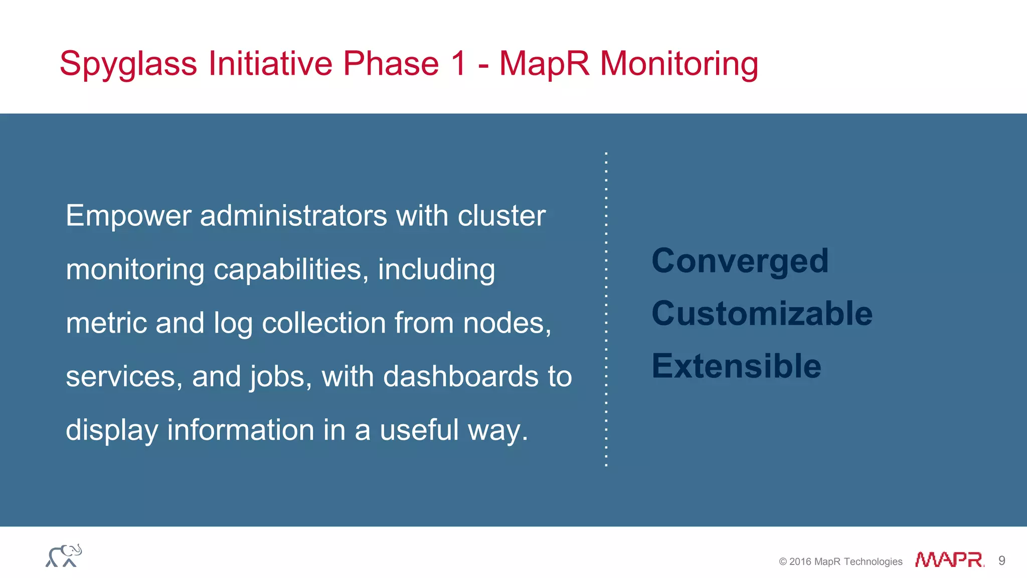 © 2016 MapR Technologies 9
Spyglass Initiative Phase 1 - MapR Monitoring
Empower administrators with cluster
monitoring capabilities, including
metric and log collection from nodes,
services, and jobs, with dashboards to
display information in a useful way.
Converged
Customizable
Extensible
 