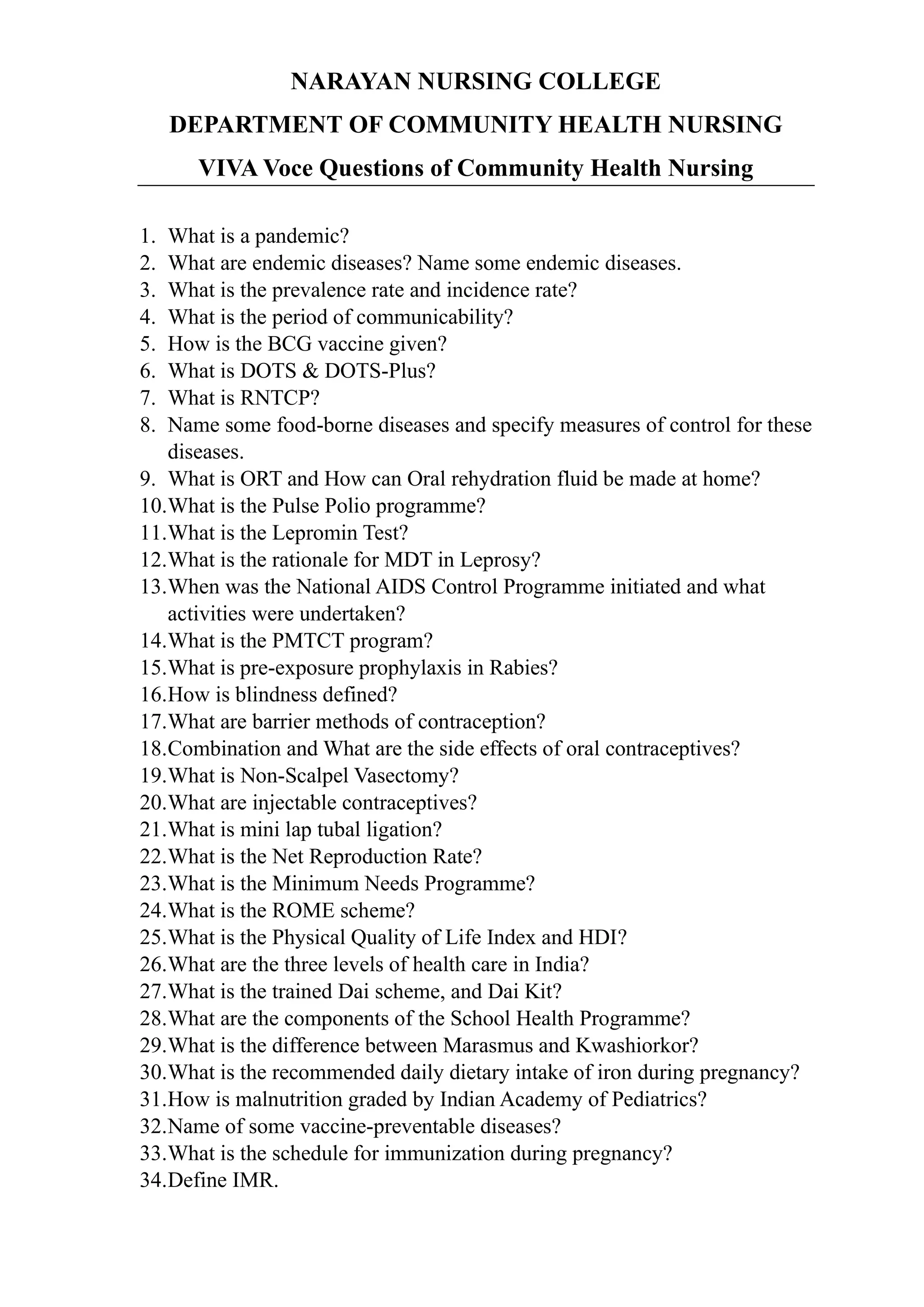 Community health nursing viva voce question | PDF