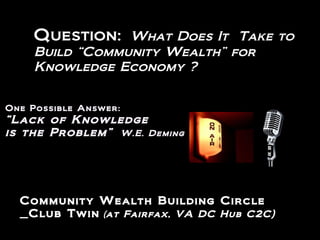 Question: What Does It Take to
Build “Community Wealth” for
Knowledge Economy ?
Community Wealth Building Circle
_Club Twin (at Fairfax, VA DC Hub C2C)
One Possible Answer:
“Lack of Knowledge
is the Problem” W.E. Deming
 