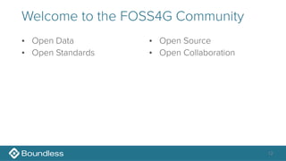12
Welcome to the FOSS4G Community
• Open Data
• Open Standards 
• Open Source
• Open Collaboration
 