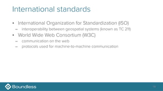 International standards
• International Organization for Standardization (ISO)
– interoperability between geospatial systems (known as TC 211)
• World Wide Web Consortium (W3C)
– communication on the web
– protocols used for machine-to-machine communication
19
 