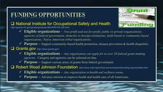 FUNDING OPPORTUNITIES
 National Institute for Occupational Safety and Health
http://grants.nih.gov/grants/guide/pa-files/PAR-05-026.html
✓ Eligible organizations – Non-profit and not-for-profit, public or private organizations;
agencies of federal government; domestic or foreign institutions; faith-based or community-based
organizations; Native American tribal organizations.
✓ Purpose – Support community-based health promotion, disease prevention & health disparities.
 Grants.gov http://www.grants.gov/
✓ Eligible organizations – Any organization can apply for to over 26 federal grant-making
agencies. Category and agencies can be selected on-line.
✓ Purpose – Support various areas of grants from federal government.
 Robert Wood Johnson Foundation http://www.rwjf.org/en/how-we-work/grants/funding-opportunities.html
✓ Eligible organizations – Any organization in health and wellness arena.
✓ Purpose – Advance mission to improve health and health care of all Americans.
 