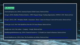 References
AmericanExpress.com. (2016). American Express Global Careers. Retrieved from https://careers.americanexpress.com/Life
Cdc.gov. (2010). Healthier Worksite Initiative - HWI: Program Design: Funding Opportunities | DNPAO | CDC. Retrieved from
http://www.cdc.gov/nccdphp/dnpao/hwi/programdesign/funding.htm
Cdc.gov. (2013). CDC - Workplace Health - Assessment - Home. Centers for Disease Control & Prevention. Retrieved from
http://www.cdc.gov/workplacehealthpromotion/assessment/index.html
Census.gov. (n.d.). New York QuickFacts from the US Census Bureau. Retrieved from
http://www.census.gov/quickfacts/table/RHI225214/36,3651000
Google.com. (n.d.). Our culture – Company – Google. Retrieved from https://www.google.com/about/company/facts/culture/
Healthlawguideforbusiness.org. (2014). Financial Incentives - CA Health Law Guide for Business. Retrieved from
http://www.healthlawguideforbusiness.org/financial-incentives
Inventivhealth-pr.com. (2016). Here, The Possibilities are Infinite. Retrieved from http://inventivhealth-pr.com/careers.
 