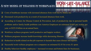 A NEW MODEL OF WELLNESS IN WORKPLACES
 Costs of healthcare increase with increased absences from work due to illness, etc.
 Decreased work productivity as a result of increased absences from work.
 According to Centers for Disease Control & Prevention, lack of productivity due to personal health
problems and/or family health problems cost America Employers an estimated $1685 per worker per
year, or $225.8 billion on an annual basis.
 Workforce wellness programs instill productive and happier workers.
 Wellness programs increase health knowledge while decreasing illnesses.
 Reduction in health related on-the-job exposure to hazards that cause disease and injuries.
 Successful work wellness programs save companies an estimated $2.43 for every $1 spent.
 Healthy behaviors=healthy employees = increased revenues and bottom lines for businesses.
 
