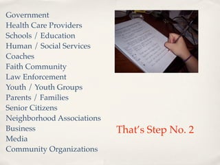Government
Health Care Providers
Schools / Education
Human / Social Services
Coaches
Faith Community
Law Enforcement
Youth / Youth Groups
Parents / Families
Senior Citizens
Neighborhood Associations
Business                    That’s Step No. 2
Media
Community Organizations
 