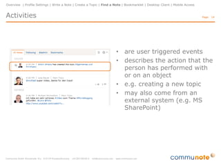 Overview | Profile Settings | Write a Note | Create a Topic | Find a Note | Bookmarklet | Desktop Client | Mobile Access


 Follow a tag                                                                                                              Page: 14




      Tag view
      •   click on any tag in a note
      •   all messages are displayed with the
          available tag
      •   follow the tag
 