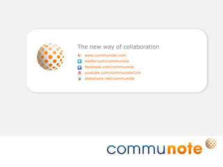 Overview | Profile Settings | Write a Note | Create a Topic | Find a Note | Bookmarklet | Desktop Client | Mobile Access


 Mobile Access                                                                                                             Page: 20




                                                          Use Communote anywhere
                                                          at any time.

                                                          • iPhone App
                                                              available on the Apple App Store
                                                              (iPad compatible)
                                                          • Android App
                                                              available on Goolge Play Store
                                                          • Blackberry and Java-enabled devices
                                                              install Java Client
                                                              (Service)
                                                          • For smartphones
                                                              without Java support there is a mobile
                                                              site available (Service)
 