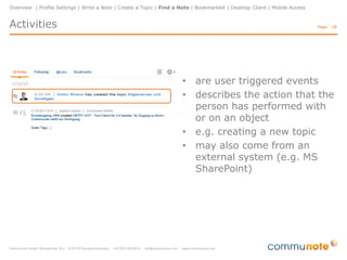 Overview | Profile Settings | Write a Note | Create a Topic | Find a Note | Bookmarklet | Desktop Client | Mobile Access

Activities

Page: 18

• are user triggered events
• describes the action that the
person has performed with
or on an object
• e.g. creating a new topic
• may also come from an
external system (e.g. MS
SharePoint)

 