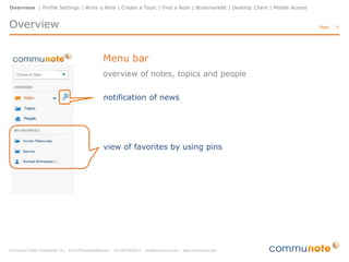 Overview | Profile Settings | Write a Note | Create a Topic | Find a Note | Bookmarklet | Desktop Client | Mobile Access

Overview

Page:

Menu bar
overview of notes, topics and people
notification of news

view of favorites by using pins

5

 
