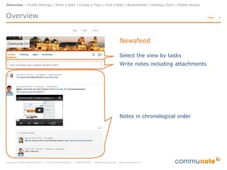 Overview | Profile Settings | Write a Note | Create a Topic | Find a Note | Bookmarklet | Desktop Client | Mobile Access

Overview

Page:

Newsfeed
Select the view by tasks
Write notes including attachments

Notes in chronological order

6

 
