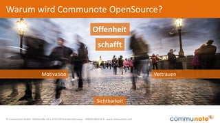 © Communote GmbH · Kleiststraße 10 a, D-01129 Dresden/Germany · +49(351)833 82-0 · www.communote.com
Warum wird Communote OpenSource?
VertrauenMotivation
Offenheit
schafft
Sichtbarkeit
 