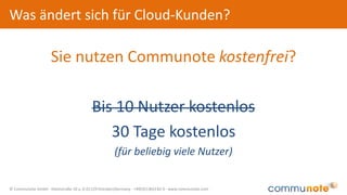 © Communote GmbH · Kleiststraße 10 a, D-01129 Dresden/Germany · +49(351)833 82-0 · www.communote.com
Was ändert sich für Cloud-Kunden?
Sie nutzen Communote kostenfrei?
Bis 10 Nutzer kostenlos
30 Tage kostenlos
(für beliebig viele Nutzer)
 