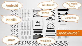 OpenSource?
Linux
Mozilla
Android
Wikipedia
TYPO3
Wordpress
LibreOffice
VLC Media
Player
 