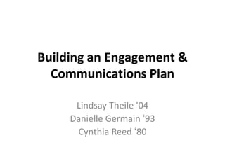 Building an Engagement & Communications Plan Lindsay Theile ‘04 Danielle Germain ‘93 Cynthia Reed ‘80 