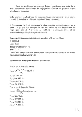 5
Dans ces conditions, les assureurs doivent provisionner une partie de la
prime commerciale pour couvrir des engagements s’étalant sur plusieurs années
selon la durée du contrat.
b) En assurance vie, la période des engagements des assureurs vis-à-vis des assurés
est généralement longue (allant de 5 ans jusqu’à une vie entière).
c) En assurance vie, il est, normal, que la prime augmente automatiquement avec le
temps. Ce qui peut être expliqué, du côté de l’assuré, par une augmentation du
risque qu’il encourt. Pour éviter ce problème, les assureurs pratiquent un
nivellement des primes périodiques des contrats.
Exemple : Soit deux contrats de temporaire décès à 40 ans et à 50 ans
C=50000 dh
Durée 5 ans
Taux d’actualisation = 5%
Table TD 73-77
Donner une comparaison des primes pures théoriques (non nivelée) et des primes
pures annuelles effectives nivelée.
Pour le cas de prime pure théorique (non nivelée)
Pour le cas de l’assuré à 40 ans
P40/41=C*
40
41
40
D
M
M 
=169,058
P41/42=186,4 dh
P42/43=208,139 dh
P43/44=234,368 dh
P44/45=261,489 dh
Pour le cas de l’assuré à 50 ans
P50/51=C*
50
51
50
D
M
M 
=427,881 dh
P51/52=460,63 dh
P52/53=497,633 dh
P53/54=542,526 dh
P54/55=591,138 dh
 