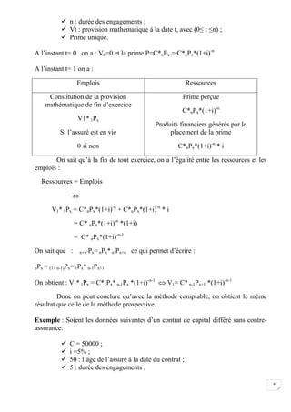 8
 n : durée des engagements ;
 Vt : provision mathématique à la date t, avec (0≤ t ≤n) ;
 Prime unique.
A l’instant t= 0 on a : V0=0 et la prime P=C*nEx = C*nPx*(1+i)-n
A l’instant t= 1 on a :
Emplois Ressources
Constitution de la provision
mathématique de fin d’exercice
V1* 1Px
Si l’assuré est en vie
0 si non
Prime perçue
C*nPx*(1+i)-n
Produits financiers générés par le
placement de la prime
C*nPx*(1+i)-n
* i
On sait qu’à la fin de tout exercice, on a l’égalité entre les ressources et les
emplois :
Ressources = Emplois

V1* 1Px = C*nPx*(1+i)-n
+ C*nPx*(1+i)-n
* i
= C* nPx*(1+i)-n
*(1+i)
= C* nPx*(1+i)-n-1
On sait que : n+n’Px= nPx* n’Px+n ce qui permet d’écrire :
nPx = (1+ n-1)Px= 1Px* n-1Px+1
On obtient : V1* 1Px = C*1Px* n-1Px *(1+i)-n-1
 V1= C* n-1Px+1 *(1+i)-n-1
Donc on peut conclure qu’avec la méthode comptable, on obtient le même
résultat que celle de la méthode prospective.
Exemple : Soient les données suivantes d’un contrat de capital différé sans contre-
assurance:
 C = 50000 ;
 i =5% ;
 50 : l’âge de l’assuré à la date du contrat ;
 5 : durée des engagements ;
 