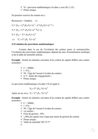 9
 Vt : provision mathématique à la date t, avec (0≤ t ≤5) ;
 Prime unique.
En premier exercice du contrat on a :
Ressources = Emplois 
V1* 1P50 = C*5P50*(1+i)-5
+ C*5P50*(1+i)-5
* i
V1* 1P50 = C* 5P50*(1+i)-5
*(1+i)
V1* 1P50 = C* 5P50*(1+i)-4
 V1= C* 4P51 *(1+i)-4
3) Evolution des provisions mathématiques
Comme dans le cas de l’évolution des primes pures et commerciales,
l’évolution des provisions mathématiques dépend du taux d’actualisation technique
et de la table de mortalité utilisée.
Exemple : Soient les données suivantes d’un contrat de capital différé sans contre-
assurance :
 C = 50000 ;
 i =5% ;
 50 : l’âge de l’assuré à la date du contrat ;
 n=5 : durée des engagements ;
 Prime unique.
La provision mathématique à la date t=0 est égale à :
V0= C* 5P50 *(1+i)-5
Après un an, on a : V1= C* 4P51 *(1+i)-4
Exemple : Soient les données suivantes d’un contrat de capital différé sans contre-
assurance :
 C = 50000 ;
 i =5% ;
 50 : l’âge de l’assuré à la date du contrat ;
 vie entière ;
 Frais de gestion : 10%
 1,4‰ du capital sous risque par année de gestion du contrat.
 Prime unique.
 Table de mortalité TD 73-77

 