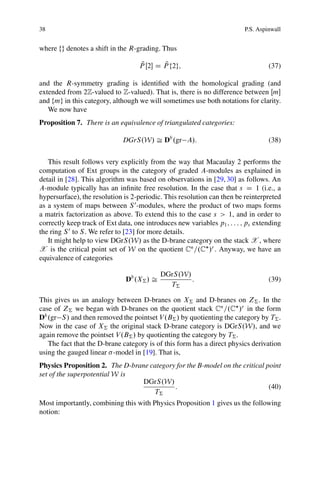 38                                                                        P.S. Aspinwall


where fg denotes a shift in the R-grading. Thus

                                     N       N
                                    P Œ2 D P f2g;                                 (37)

and the R-symmetry grading is identiﬁed with the homological grading (and
extended from 2Z-valued to Z-valued). That is, there is no difference between Œm
and fmg in this category, although we will sometimes use both notations for clarity.
   We now have
Proposition 7. There is an equivalence of triangulated categories:

                              DGrS.W/ Š Db .gr A/:                                 (38)


   This result follows very explicitly from the way that Macaulay 2 performs the
computation of Ext groups in the category of graded A-modules as explained in
detail in [28]. This algorithm was based on observations in [29, 30] as follows. An
A-module typically has an inﬁnite free resolution. In the case that s D 1 (i.e., a
hypersurface), the resolution is 2-periodic. This resolution can then be reinterpreted
as a system of maps between S 0 -modules, where the product of two maps forms
a matrix factorization as above. To extend this to the case s > 1, and in order to
correctly keep track of Ext data, one introduces new variables p1 ; : : : ; ps extending
the ring S 0 to S . We refer to [23] for more details.
   It might help to view DGrS.W/ as the D-brane category on the stack X , where
X is the critical point set of W on the quotient Cn =.C /r . Anyway, we have an
equivalence of categories

                                            DGrS.W/
                               Db .X† / Š           :                              (39)
                                              T†

This gives us an analogy between D-branes on X† and D-branes on Z† . In the
case of Z† we began with D-branes on the quotient stack Cn =.C /r in the form
Db .gr S / and then removed the pointset V .B† / by quotienting the category by T† .
Now in the case of X† the original stack D-brane category is DGrS.W/, and we
again remove the pointset V .B† / by quotienting the category by T† .
   The fact that the D-brane category is of this form has a direct physics derivation
using the gauged linear -model in [19]. That is,
Physics Proposition 2. The D-brane category for the B-model on the critical point
set of the superpotential W is
                                 DGrS.W/
                                           :                                 (40)
                                    T†
Most importantly, combining this with Physics Proposition 1 gives us the following
notion:
 