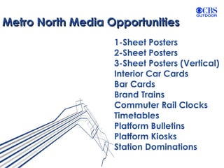 Metro North Media Opportunities 1-Sheet Posters 2-Sheet Posters 3-Sheet Posters (Vertical) Interior Car Cards Bar Cards Brand Trains Commuter Rail Clocks Timetables Platform Bulletins Platform Kiosks Station Dominations 