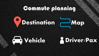 Commute planning
Destination
Vehicle Driver/Pax
Map
 