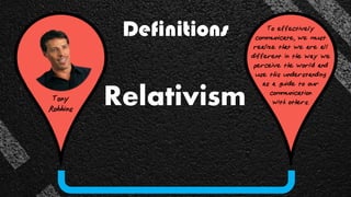 Definitions
Tony
Robbins
To effectively
communicate, we must
realize that we are all
different in the way we
perceive the world and
use this understanding
as a guide to our
communication
with others.Relativism
 