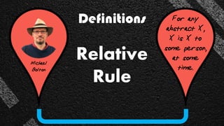 Definitions
Michael
Bolton
For any
abstract X,
X is X to
some person,
at some
time.
Relative
Rule
 