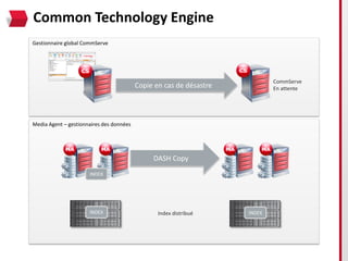 Common Technology Engine
Gestionnaire global CommServe




                                                                             CommServe
                                          Copie en cas de désastre           En attente




Media Agent – gestionnaires des données




                                               DASH Copy
                      INDEX




                      INDEX                      Index distribué     INDEX
 