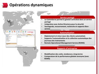 Opérations dynamiques

                                      Service partagé
               •   Le CommServe permet la gestion centralisé dans un service
                   partagé
               •   Intégration avec Active Directory pour la sécurité
               •   Sauvegarde, recouvrement, recherche et rapports libre-
                   service

                                      Automatisation
               •   Déploiement et mise à jour des clients automatisés
               •   Supporte l’automatisation et la collection automatique des
                   journaux des événements
               •   Remote Operational Management Service (ROMS)

                                  Rapports d’entreprise

               •   Modélisation des coûts, tendances a long terme
               •   Comparaison de la performance globale anonyme (avec
                   ROMS)
 