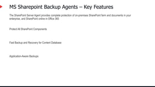 MS Sharepoint Backup Agents – Key Features
The SharePoint Server Agent provides complete protection of on-premises SharePoint farm and documents in your
enterprise, and SharePoint online in Office 365
Protect All SharePoint Components
Fast Backup and Recovery for Content Database
Application-Aware Backups
 