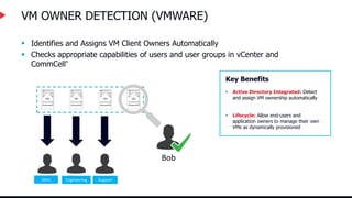 VM OWNER DETECTION (VMWARE)
 Identifies and Assigns VM Client Owners Automatically
 Checks appropriate capabilities of users and user groups in vCenter and
CommCell®
Key Benefits
 Active Directory Integrated: Detect
and assign VM ownership automatically
 Lifecycle: Allow end-users and
application owners to manage their own
VMs as dynamically provisioned
Bob
Sales Engineering Support
 