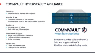 COMMVAULT HYPERSCALE™ APPLIANCE
Complete turnkey solution from CV
Sold and supported by CV
Ideal for mid-market deployments
Simplicity
 Simple to setup, manage and upgrade
Modular Scale
 Grow with the needs of the business
Non-disruptive capacity and performance expansion
Resiliency
 No single point of failure
 Built in HA and DR capabilities
Streamlined Support
 Single call support from Commvault
 Centralized patch management
 Active monitoring
Better TCO
 Lower procurement cost
 Low operational overhead
 