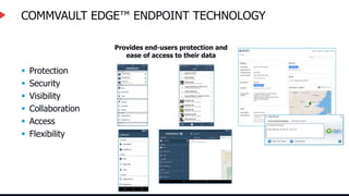 COMMVAULT EDGE™ ENDPOINT TECHNOLOGY
Provides end-users protection and
ease of access to their data
 Protection
 Security
 Visibility
 Collaboration
 Access
 Flexibility
 
