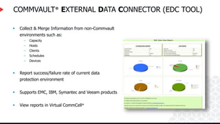 COMMVAULT® EXTERNAL DATA CONNECTOR (EDC TOOL)
 Collect & Merge Information from non-Commvault
environments such as:
– Capacity
– Hosts
– Clients
– Schedules
– Devices
 Report success/failure rate of current data
protection environment
 Supports EMC, IBM, Symantec and Veeam products
 View reports in Virtual CommCell®
 