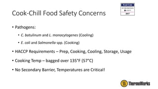 Cook-Chill Food Safety Concerns
• Pathogens:
• C. botulinum and L. monocytogenes (Cooling)
• E. coli and Salmonella spp. (Cooking)
• HACCP Requirements – Prep, Cooking, Cooling, Storage, Usage
• Cooking Temp – bagged over 135°F (57°C)
• No Secondary Barrier, Temperatures are Critical!
 