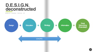 17 
Design Education Strategy Information 
Great 
Networking 
(Potentially!) 
D.E.S.I.G.N. 
deconstructed 
W H A T G O E S I N T O I T 
CHOPS 
 
