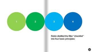 Multiple 
sclerosis day 
care centre 
24 
K U A L A L U M P U R - 1 9 9 0 
1 2 3 4 
Robin distilled the filter checklist 
into four basic principles: 
 