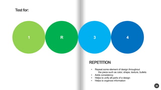 Multiple 
sclerosis day 
care centre 
26 
K U A L A L U M P U R - 1 9 9 0 
1 R 3 4 
REPETITION 
Test for: 
? Repeat some element of design throughout 
the piece such as color, shape, texture, bullets 
? Adds consistency 
? Helps to unify all parts of a design 
? Helps to organize information 
 
