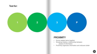 Multiple 
sclerosis day 
care centre 
28 
K U A L A L U M P U R - 1 9 9 0 
1 2 3 P 
PROXIMITY 
? Group related items together 
? Grouping implies a relationship between 
pieces of information 
? Proximity organizes information and reduces clutter 
Test for: 
 