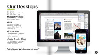 30 
Our Desktops 
L O T S O F 
O P T I O N S , 
L O T S O F T O O L S , 
L O T S O F 
A U T O M A T I O N , 
T E M P L A T E S A N D 
P R E S E T S 
Microsoft Products 
Word, Frames, Publisher 
Apps 
Mac apps/phone & ipad 
alternatives: Phoster, or old 
versions of Quark DesignPad, 
Pagemaker, etc. 
Open Source 
The digital space is a challenging, 
constantly evolving, dynamic 
working environment. 
Adobe Creative Cloud 
The digital space is a challenging, 
constantly evolving, dynamic 
working environment. 
Quick Survey: Whats everyone using? 
 
