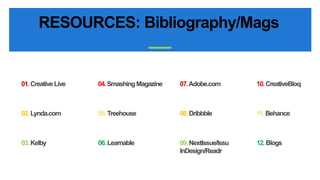 RESOURCES: Bibliography/Mags 
07.Adobe.com 10. CreativeBloq 
08. Dribbble 11. Behance 
09. NextIssue/Issu 
InDesign/Readr 
12. Blogs 
01.Creative Live 04. Smashing Magazine 
02. Lynda.com 05. Treehouse 
03. Kelby 06. Learnable 
 