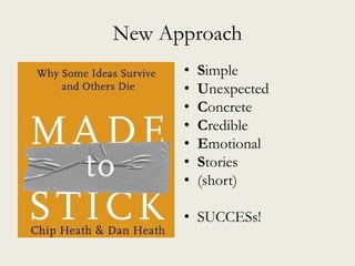 New Approach
• Simple
• Unexpected
• Concrete
• Credible
• Emotional
• Stories
• (short)
• SUCCESs!
 
